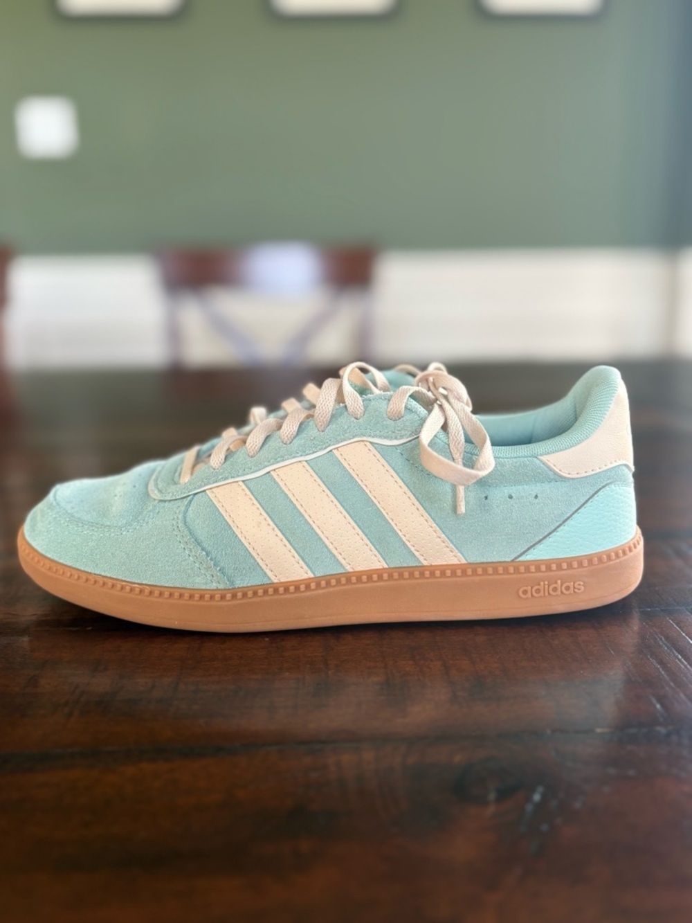 adidas Mint Green Suede Sneakers with Cream Stripes and Gum Sole